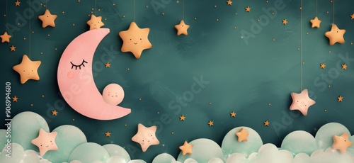 Decorative Moon And Stars Against Textured Green Background