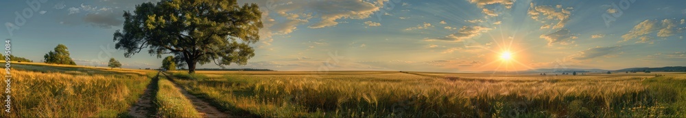 Sweeping Panoramic View of a Field with Trees and Earthy Textures at Sunset, Capturing the Serene Beauty of Nature's Twilight Sweeping Panoramic View of a Field with Trees and Earthy Textures at Sunset, Capturing the Serene Beauty of Nature's Twilight