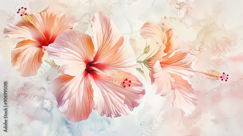 Watercolor hibiscus using lifting, soft and light, delicate and gentle, pastel shades, light background