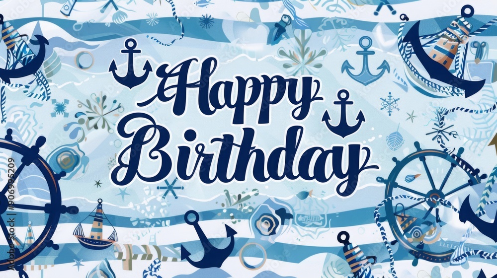 Fototapeta premium A playful birthday design featuring anchors, ships, and festive elements in a calming blue and white palette.