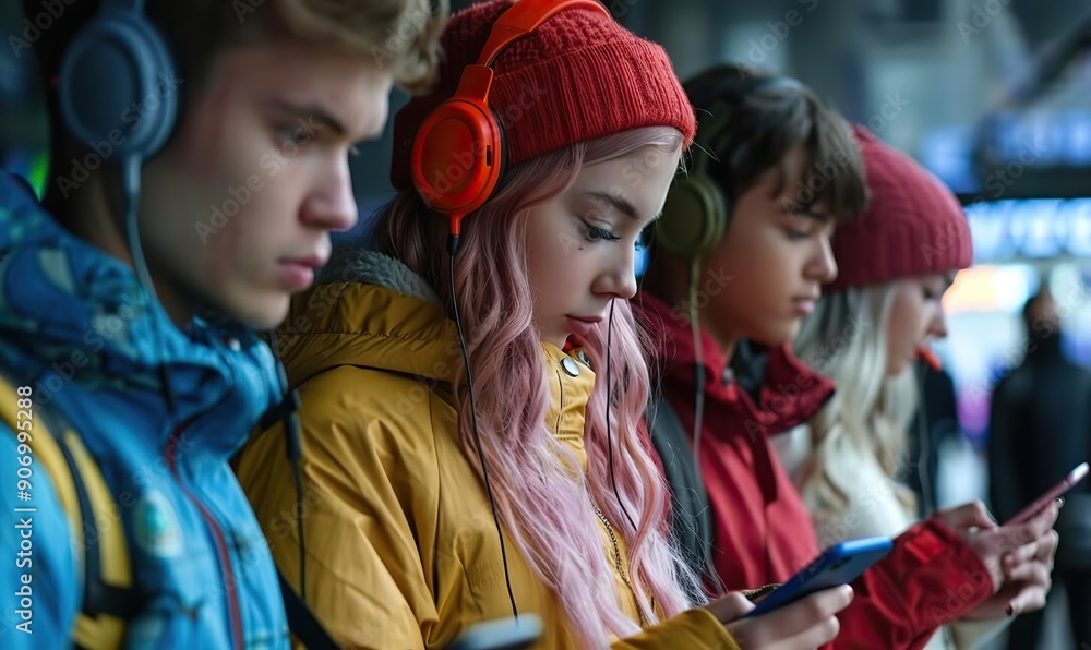 A close-up of young people with smartphones in their hands highlights their addiction to new technology trends. A close-up of young people with smartphones in their hands highlights their addiction to new technology trends.