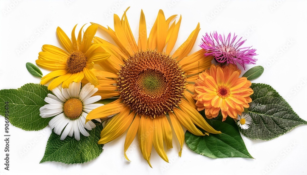 A floral composition of live flowers and leaves on a contrasting white background. A floral composition of live flowers and leaves on a contrasting white background.