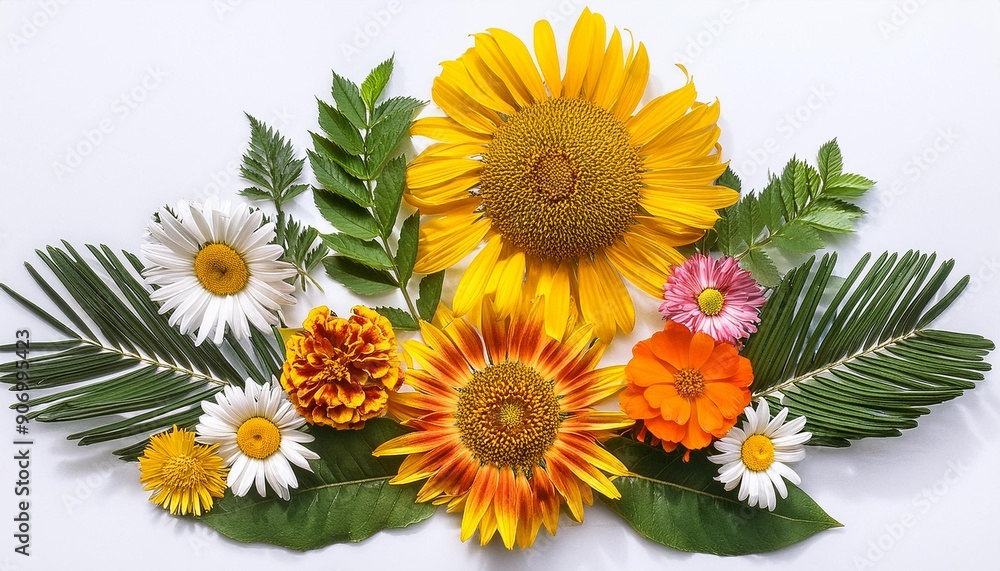 A floral composition of live flowers and leaves on a contrasting white background. A floral composition of live flowers and leaves on a contrasting white background.