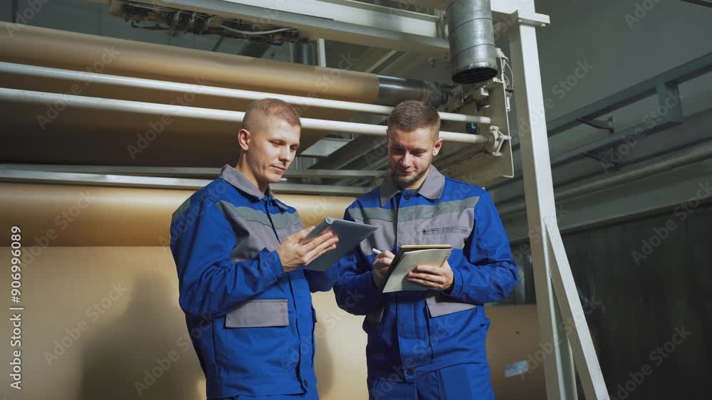 Workers at the factory stand next to the operating machine for the production of corrugated cardboard. Workers discuss concept of industrial development of paper production from waste. Look at tablet. Workers at the factory stand next to the operating machine for the production of corrugated cardboard. Workers discuss concept of industrial development of paper production from waste. Look at tablet.