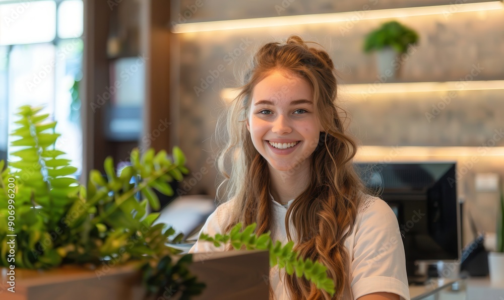 Smiling receptionist woman at hotel front desk, welcoming. Free copy space for text. Smiling receptionist woman at hotel front desk, welcoming. Free copy space for text.