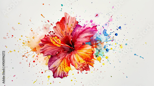 Watercolor hibiscus with splattering, energetic and playful, bright colors splashing, light gray background