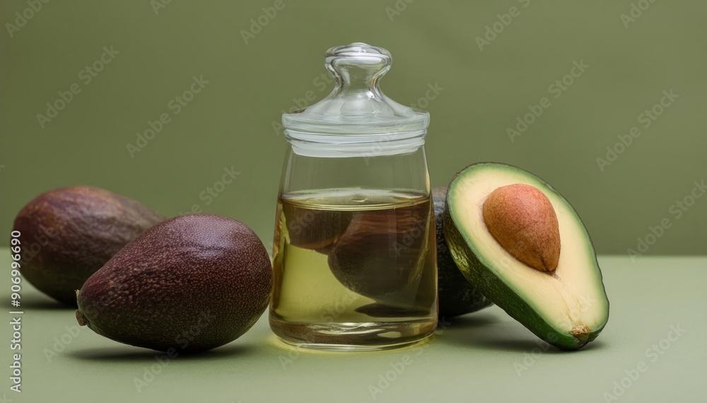 Avocado oil in a glass jar with whole and half cut avocados beside it, isolated on white background. Natural beauty and health benefits of this versatile ingredient Avocado oil in a glass jar with whole and half cut avocados beside it, isolated on white background. Natural beauty and health benefits of this versatile ingredient