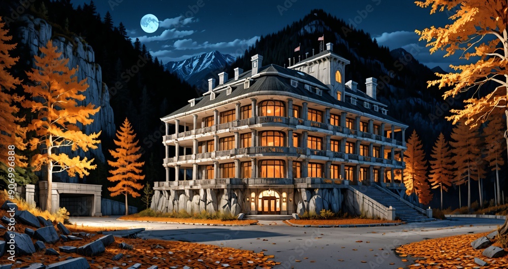 Obraz premium luxury hotel resort at the base of a mountain in the yellow orange autumn woods at night. modern baroque architecture building in the woodland wild forest mountains.