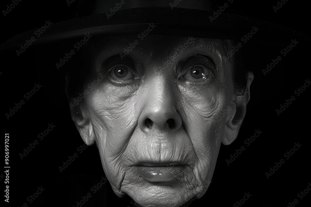 Fototapeta premium A highly detailed monochrome portrait of an elderly individual wearing a dark hat, emphasizing the deep lines and expressive features of their face captured in stunning clarity