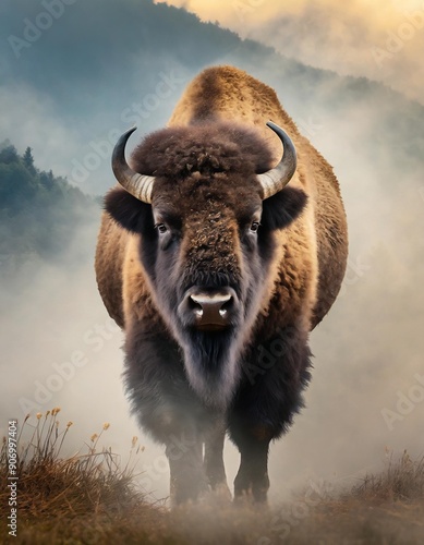 wild bison,buffolo walking out of the mist, digital wallpaper photo