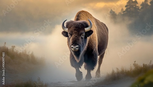 wild bison,buffolo walking out of the mist, digital wallpaper photo