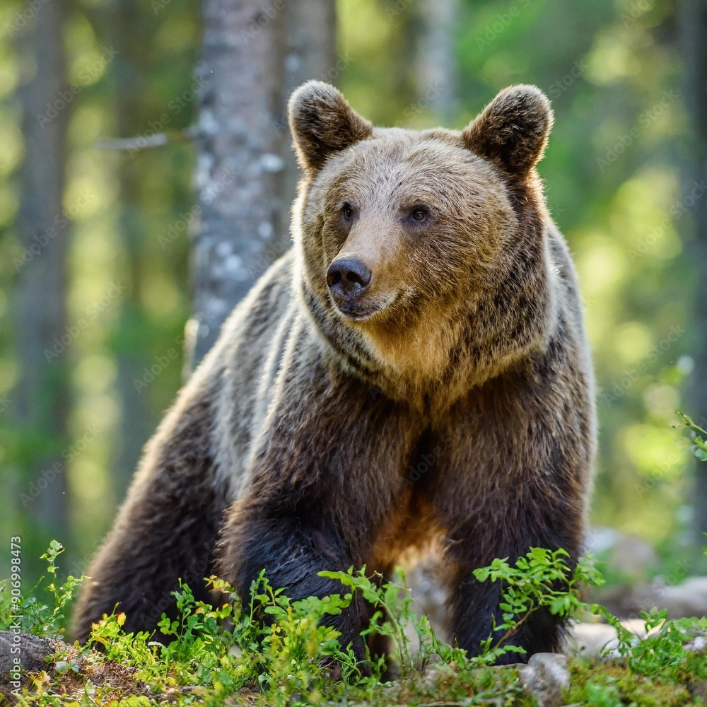 Wild Brown Bear (Ursus Arctos) in the summer forest. Animal in natural habitat. Wildlife scene Wild Brown Bear (Ursus Arctos) in the summer forest. Animal in natural habitat. Wildlife scene