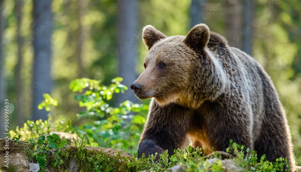Wild Brown Bear (Ursus Arctos) in the summer forest. Animal in natural habitat. Wildlife scene Wild Brown Bear (Ursus Arctos) in the summer forest. Animal in natural habitat. Wildlife scene