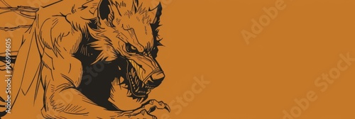 A black and white illustration of a fierce werewolf with sharp claws and a snarling expression, set against a vibrant orange background. The image symbolizes power, transformation, and the primal inst photo