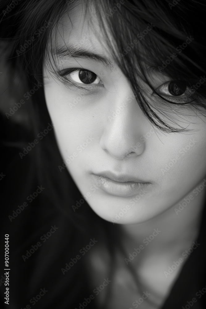 A close-up grayscale photograph highlighting a young woman’s serious expression as she gazes directly into the camera. A close-up grayscale photograph highlighting a young woman’s serious expression as she gazes directly into the camera.