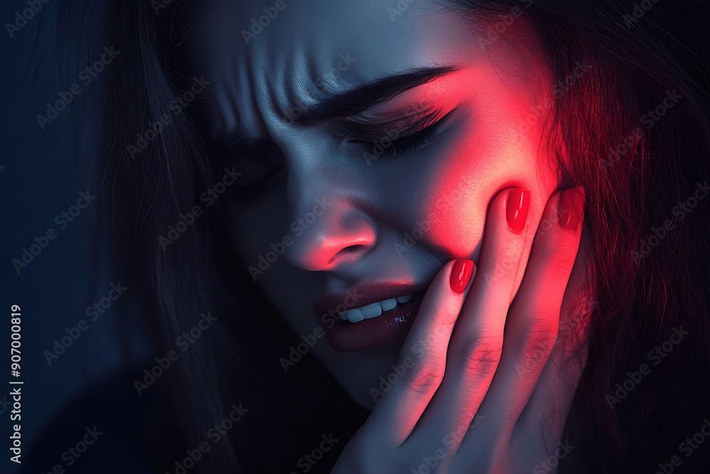 a woman experiencing toothache, holding her cheek with a pained expression. The image highlights the concept of pain with a red glow on her cheek, emphasizing the discomfort and urgency of dental care a woman experiencing toothache, holding her cheek with a pained expression. The image highlights the concept of pain with a red glow on her cheek, emphasizing the discomfort and urgency of dental care