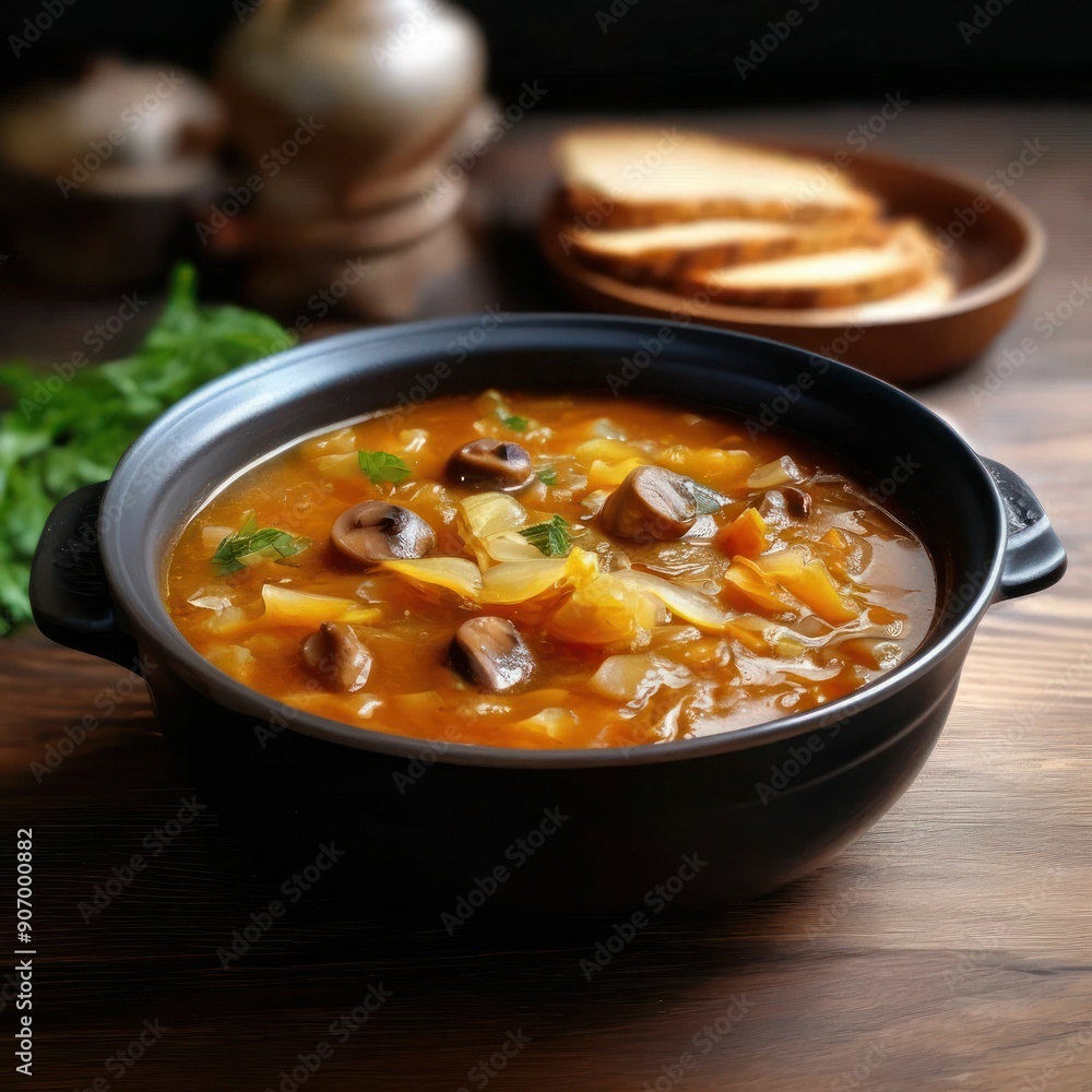 Hearty Mushroom and Cabbage Soup in a Black Bowl Hearty Mushroom and Cabbage Soup in a Black Bowl