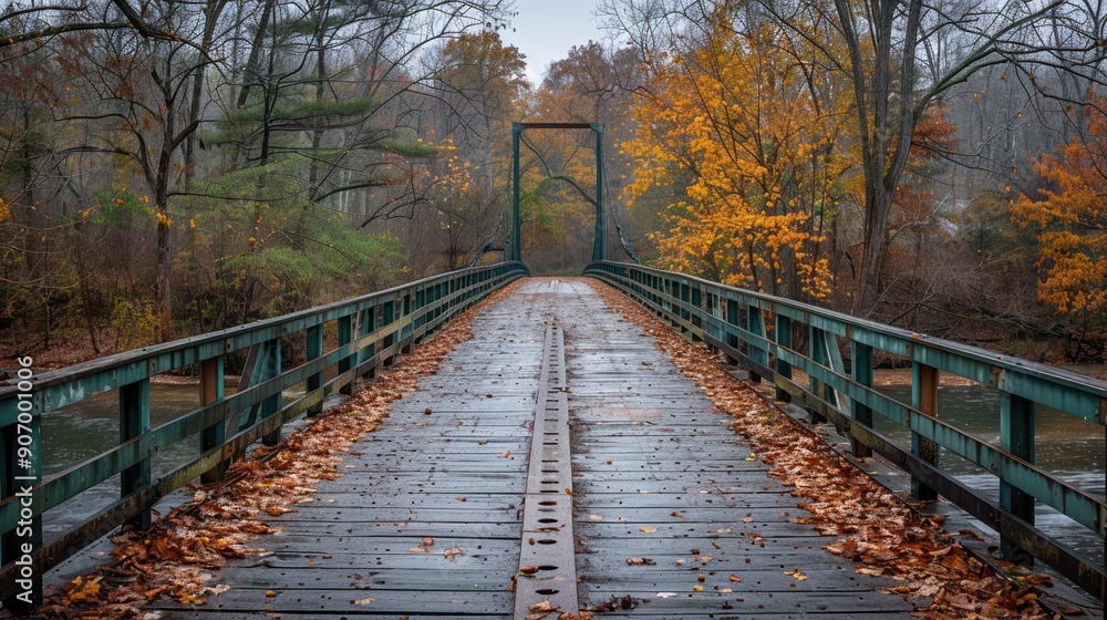 A serene autumn scene featuring a long bridge covered in fallen leaves, surrounded by colorful fall foliage, and leading into a misty forest A serene autumn scene featuring a long bridge covered in fallen leaves, surrounded by colorful fall foliage, and leading into a misty forest