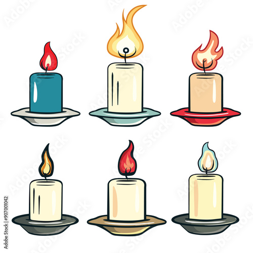 Set six colorful candles different flame shapes matching saucers. Illustration features variety candles burning whimsical flames. Graphic style presents blue, white, beige, red
