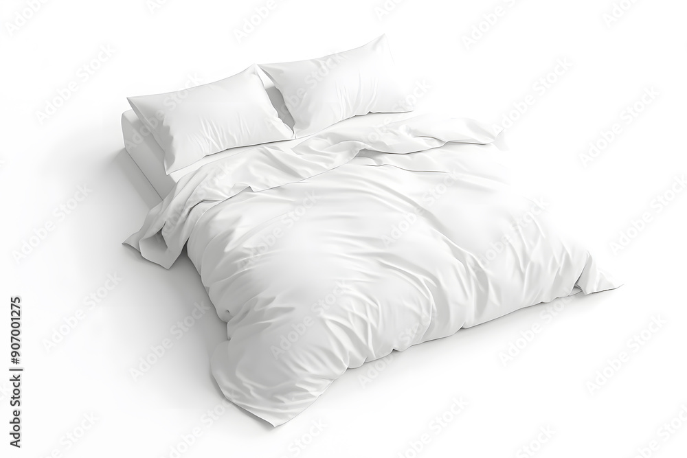 Blank white bed mock up, top view isolated on white background. Empty blanket and pillows mockup in bedstead Blank white bed mock up, top view isolated on white background. Empty blanket and pillows mockup in bedstead