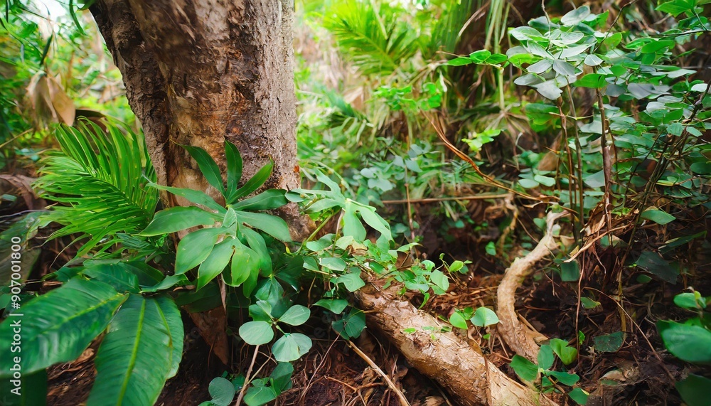 Wild nature background in green forest woods with trunk tree and foliage bush. Environment life on planet earth. Stop deforestation. Love nature. Save planet. Wild nature background in green forest woods with trunk tree and foliage bush. Environment life on planet earth. Stop deforestation. Love nature. Save planet.