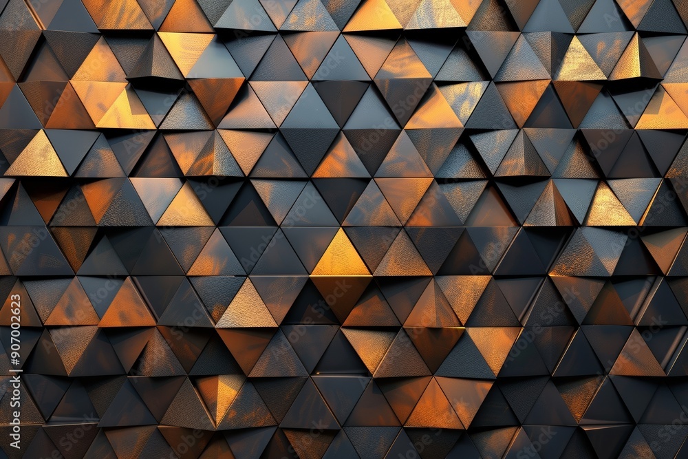 Modern wall with triangular metal tiles in black and copper, creating an abstract pattern with reflections Modern wall with triangular metal tiles in black and copper, creating an abstract pattern with reflections