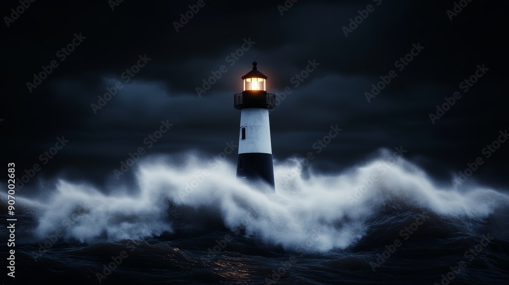 A haunted lighthouse with a ghostly keeper, flickering lights, and crashing waves, high-resolution photo, realistic photo