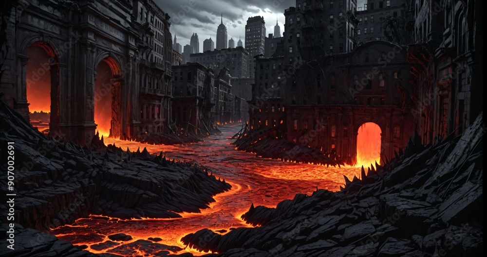 post apocalyptic city buildings drowning in lava during post apocalypse cataclysm. destroyed town ruins in magma with gate of hell hellmouth inferno entrance. post apocalyptic city buildings drowning in lava during post apocalypse cataclysm. destroyed town ruins in magma with gate of hell hellmouth inferno entrance.