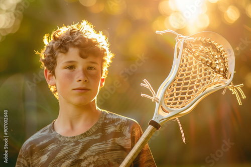 A Young Boy Enjoys a Sunny Day on the Lawn While Holding His Lacrosse Stick With Pride