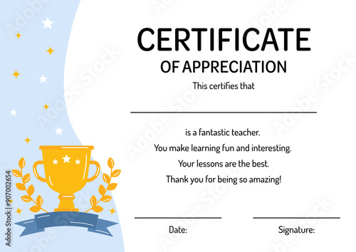 Teacher appreciation certificate for the best educator, pedagogue. Certificate of appreciation, awesomeness. Teacher gift. Perfect for school, preschool, end of the school, teacher appreciation week. photo