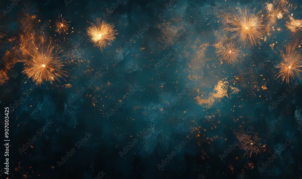 Fototapeta premium New Year's Eve fireworks on rustic dark blue night sky texture, Generative AI