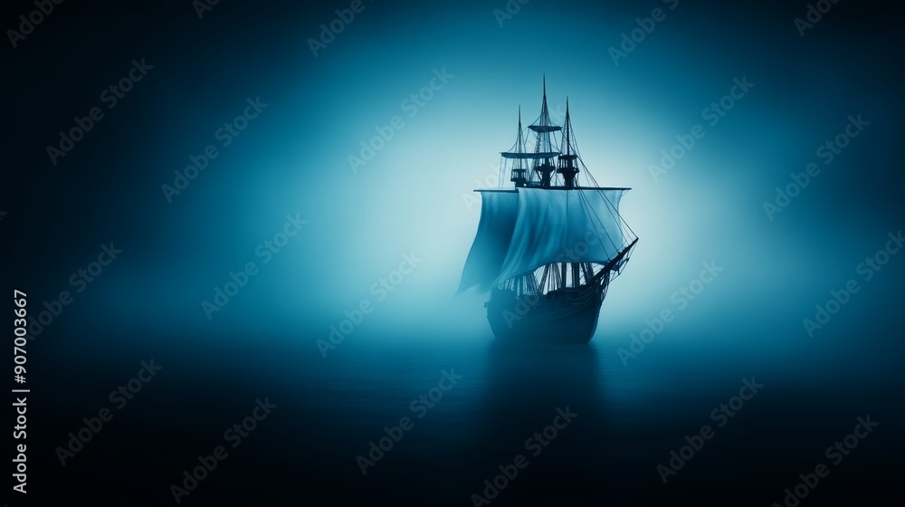 A pirate ship haunted by ghostly pirates, with tattered sails and eerie fog, flat design illustration, high-resolution photo, realistic photo A pirate ship haunted by ghostly pirates, with tattered sails and eerie fog, flat design illustration, high-resolution photo, realistic photo