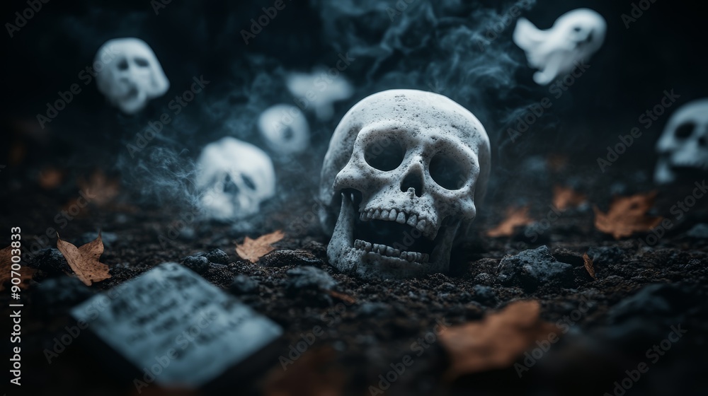 A spooky cemetery with old, crooked tombstones, fog, and ghostly figures, high-resolution photo, realistic photo A spooky cemetery with old, crooked tombstones, fog, and ghostly figures, high-resolution photo, realistic photo