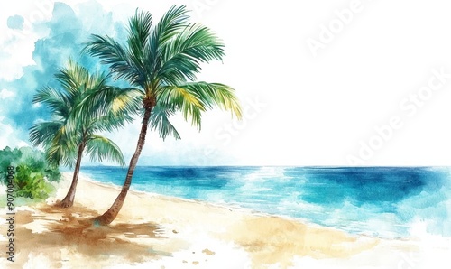 Illustration of palm trees on the beach with ocean sea, watercolor painting of palm trees, Generative AI