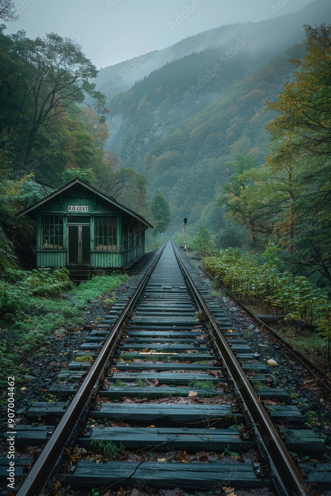 A stunning railroad track cutting through a lush wooded area with a quaint green station house under a misty sky amidst lush green mountains A stunning railroad track cutting through a lush wooded area with a quaint green station house under a misty sky amidst lush green mountains