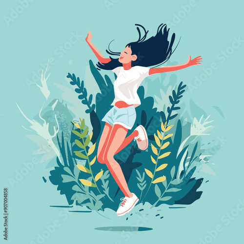 Young woman joyfully jumping amidst lush foliage background. Female character expressing freedom happiness, casual summer clothing, dynamic pose, playful mood, teal green plants