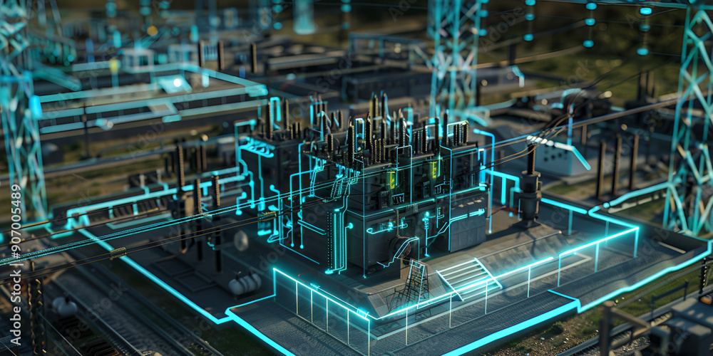 Fototapeta premium Digital Industrial Plant: Advanced Manufacturing Technology, High-Tech Industrial Facility with Digital Integration
