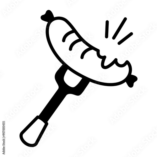 A doodle style icon of sausage on a fork 