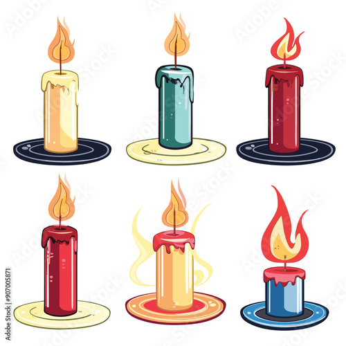 Set six colorful burning candles, illustrated various states melting, depicting flames wax drips, presented separate plates. Vector graphic candles yellow, teal, red, blue hues, displaying fire