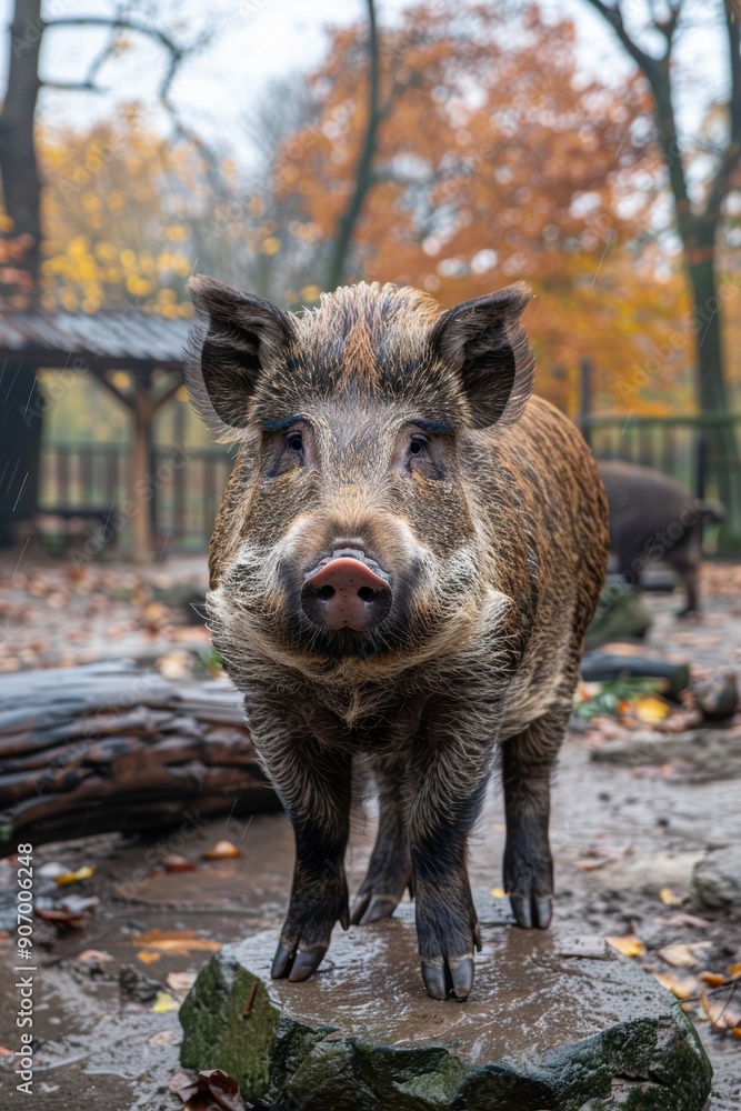 A wild boar standing on a rock in a nature park during a rainy autumn day with colorful foliage in the backdrop and another animal visible in the distance A wild boar standing on a rock in a nature park during a rainy autumn day with colorful foliage in the backdrop and another animal visible in the distance