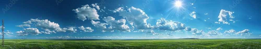 Sweeping Panorama of a Beautiful Blue Sky with Fluffy Clouds Over a Lush Green Field Landscape Sweeping Panorama of a Beautiful Blue Sky with Fluffy Clouds Over a Lush Green Field Landscape