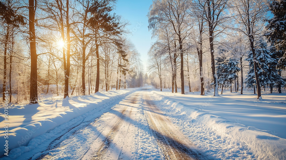Obraz premium Beautiful winter road in natural sunny park 