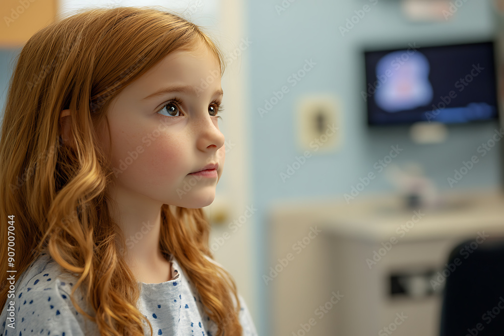A scene depicting a child at a doctor's appointment in a medical office. The image shows the child sitting on an examination table, interacting with the doctor who is using medical tools to check the A scene depicting a child at a doctor's appointment in a medical office. The image shows the child sitting on an examination table, interacting with the doctor who is using medical tools to check the