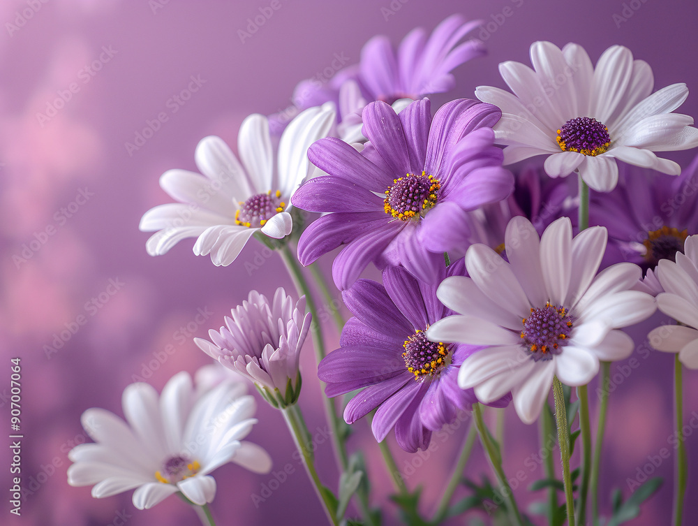 purple and white flower in a vase on a pink background with a blurred pink bokeh effect. purple and white flower in a vase on a pink background with a blurred pink bokeh effect.