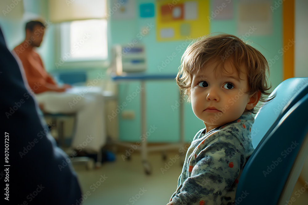 A scene depicting a child at a doctor's appointment in a medical office. The image shows the child sitting on an examination table, interacting with the doctor who is using medical tools to check the A scene depicting a child at a doctor's appointment in a medical office. The image shows the child sitting on an examination table, interacting with the doctor who is using medical tools to check the