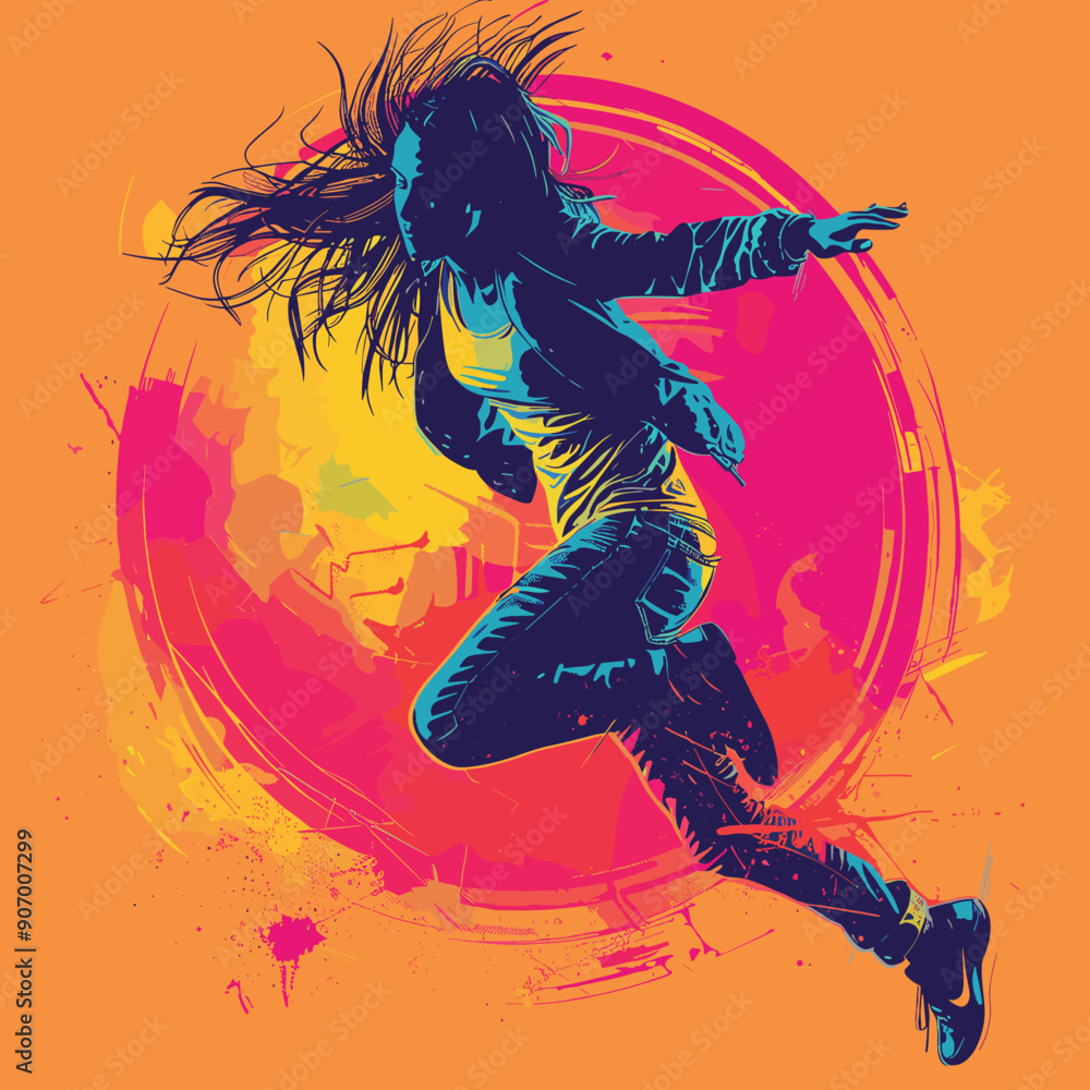Young adult woman dancing silhouette, energetic move, vibrant orange yellow background. Female dancer jumping, dynamic pose, flowing hair, urban scene. Artistic illustration, dance artwork, street Young adult woman dancing silhouette, energetic move, vibrant orange yellow background. Female dancer jumping, dynamic pose, flowing hair, urban scene. Artistic illustration, dance artwork, street
