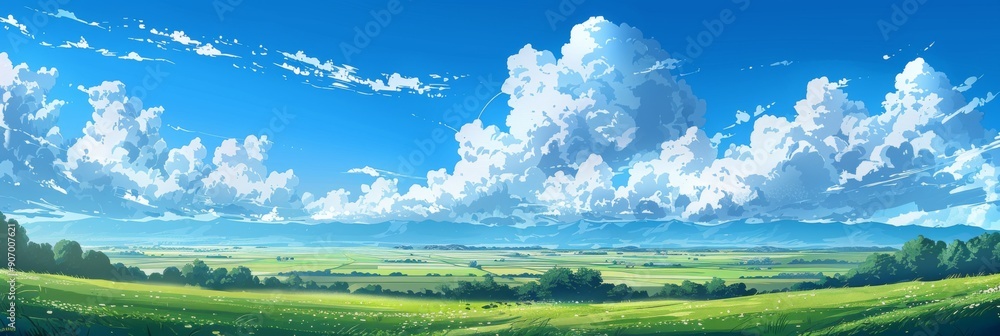 Sweeping Panorama of a Beautiful Blue Sky with Fluffy Clouds Over a Lush Green Field Landscape Sweeping Panorama of a Beautiful Blue Sky with Fluffy Clouds Over a Lush Green Field Landscape
