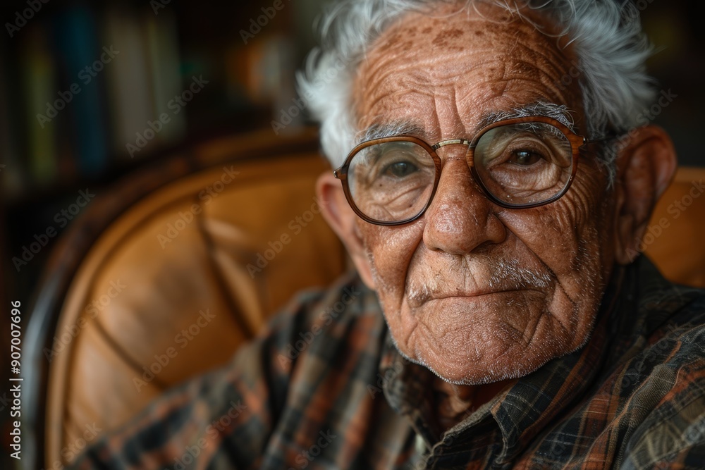 An elderly man with glasses and a checkered shirt sits thoughtfully, capturing the depth of life experiences and wisdom accumulated over the years An elderly man with glasses and a checkered shirt sits thoughtfully, capturing the depth of life experiences and wisdom accumulated over the years