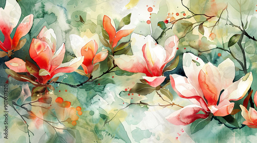 Watercolor magnolias in dry brush style, bold strokes and vivid greens and reds, lively scene, clean background