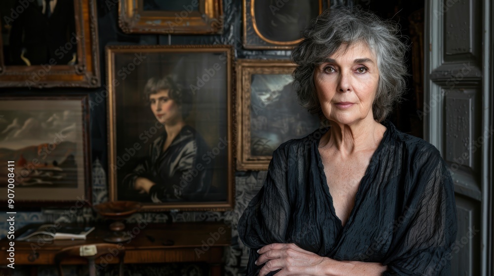 An elderly woman with gray hair and a black dress stands confidently in front of a wall adorned with vintage portraits and paintings in an elegant, historic room An elderly woman with gray hair and a black dress stands confidently in front of a wall adorned with vintage portraits and paintings in an elegant, historic room